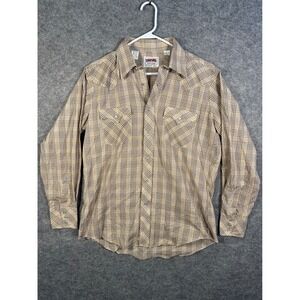 Denver Westerns Mens Plaid Pearl Snap Shirt Tan Brown Blue Long Sleeve 16.5 x 34